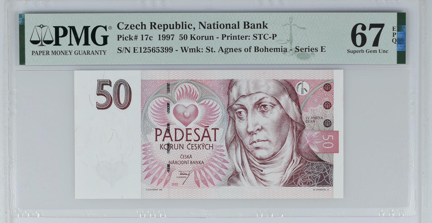 《艾美收藏》第226期-12.28周日外币精品场-蛇年收官 捷克1997年50克朗PMG67E高分无47 Pick#17c 波希米亚的圣女圣·阿格尼丝，以及象征圣心的标志