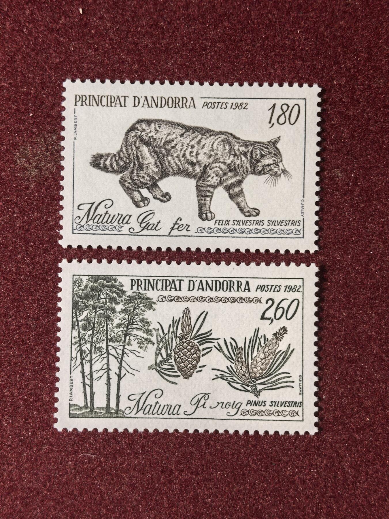 联合阁邮币社™ ——“多国邮票”👍🏻👏🏻👍🏻👏🏻 法管安道尔 1982年 保护自然-野猫/松树 2全