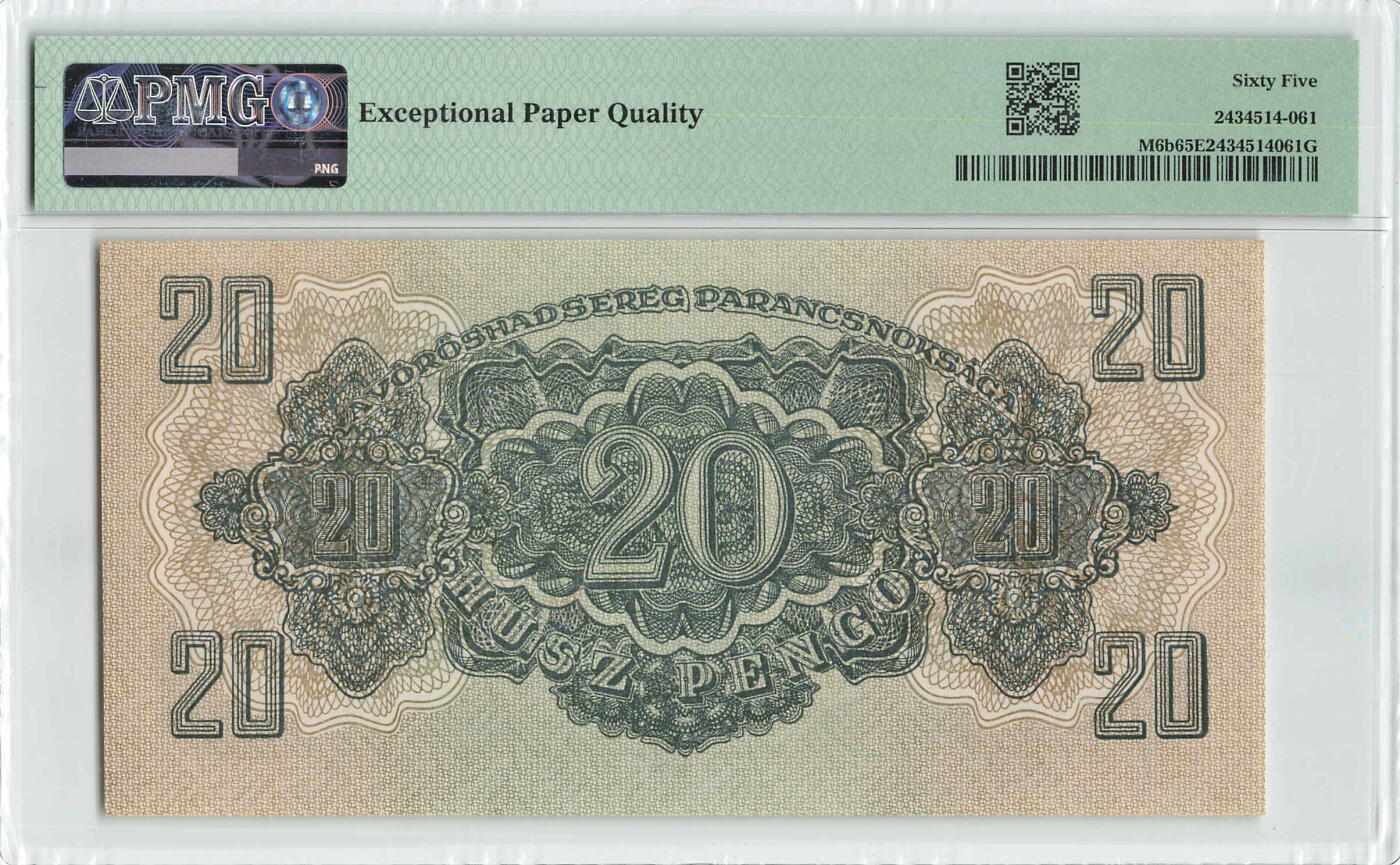 小福收藏拍卖第198期 评级币精选场  本期有菲律宾百位靓号100000比索超大纪念钞 苏里南25000盾花鸟版最高值 柬埔寨珍品56年50瑞尔 南越未发行版最高值打飞机  巴哈马彩背 老挝中国代印57年样钞 匈牙利 斯洛伐克 法罗群岛等多国精美高分珍稀老钞精品纸币 匈牙利 1944年 20潘戈 苏联占领军票 PMG65 EPQ 亚军分