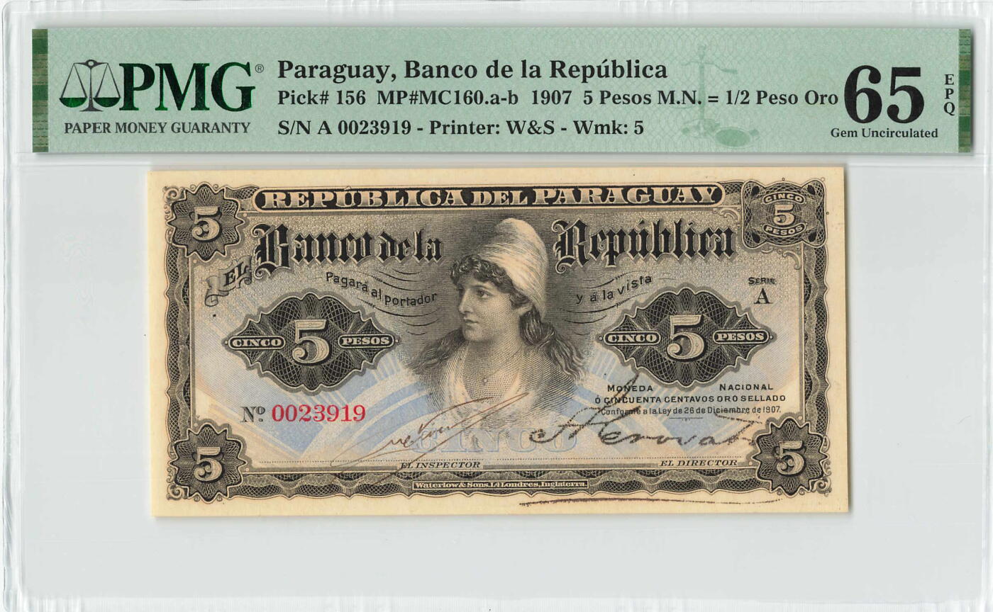 小福收藏拍卖第200期 【庆典场 中拍就有好礼相赠】评级币精选场 本期有捷克斯洛伐克20年100克朗慕夏作品大珍 69分倒置百位号布隆迪世界最大纸币  35年版加拿大经典 苏格兰格拉斯哥大学500年纪念钞倒置小号 卡塔尔80年100里亚尔冠军分 美国教育券 意大利拉斐尔 乌克兰 库克群岛 墨西哥 南斯拉夫 亚美尼亚等多国精美高分珍稀老钞精品纸币 巴拉圭 1907年 5比索 无47 PMG65 EPQ 季军分