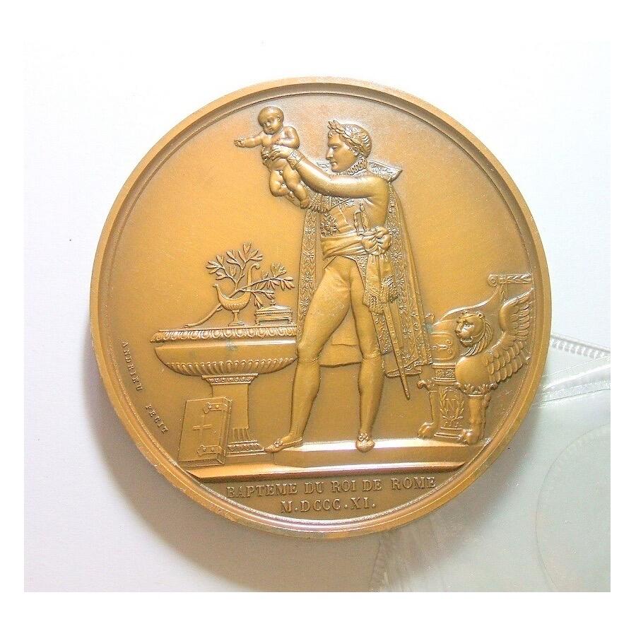 【艺术】可评级 法国艺术大章1811年 拿破仑金叶冠 儿子拿破仑二世出生高浮雕精制超大铜章 68MM 160克