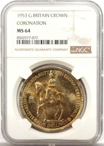 博洋堂世界钱币拍卖第154期（全场包邮） - NGC MS64 英国1953年伊丽莎白二世登基纪念克朗，带彩少见