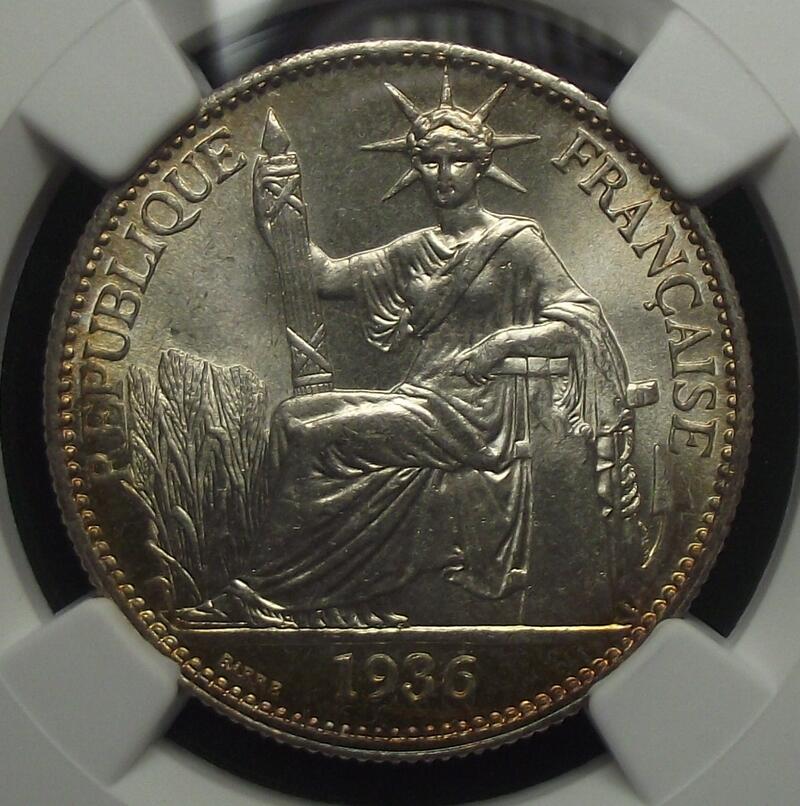 【NGC-MS65亚军分】浅金彩法属印支1936年50分坐洋银币