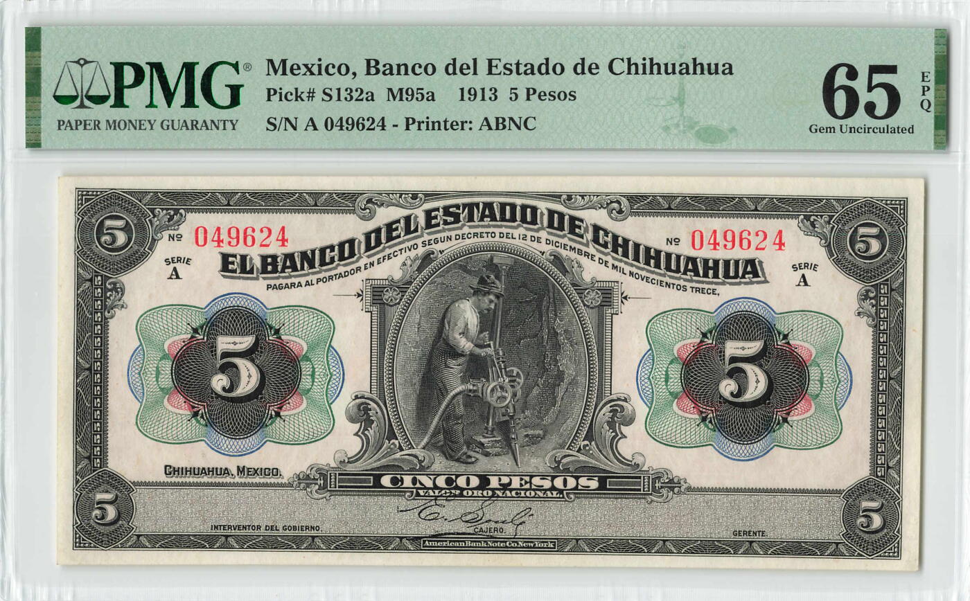 小福收藏拍卖第200期 【庆典场 中拍就有好礼相赠】评级币精选场 本期有捷克斯洛伐克20年100克朗慕夏作品大珍 69分倒置百位号布隆迪世界最大纸币  35年版加拿大经典 苏格兰格拉斯哥大学500年纪念钞倒置小号 卡塔尔80年100里亚尔冠军分 美国教育券 意大利拉斐尔 乌克兰 库克群岛 墨西哥 南斯拉夫 亚美尼亚等多国精美高分珍稀老钞精品纸币 墨西哥 1913年 5比索 矿工 A冠 PMG65 EPQ 季军分