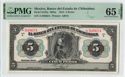 小福收藏拍卖第200期 【庆典场 中拍就有好礼相赠】评级币精选场 本期有捷克斯洛伐克20年100克朗慕夏作品大珍 69分倒置百位号布隆迪世界最大纸币  35年版加拿大经典 苏格兰格拉斯哥大学500年纪念钞倒置小号 卡塔尔80年100里亚尔冠军分 美国教育券 意大利拉斐尔 乌克兰 库克群岛 墨西哥 南斯拉夫 亚美尼亚等多国精美高分珍稀老钞精品纸币 - 墨西哥 1913年 5比索 矿工 A冠 PMG65 EPQ 季军分