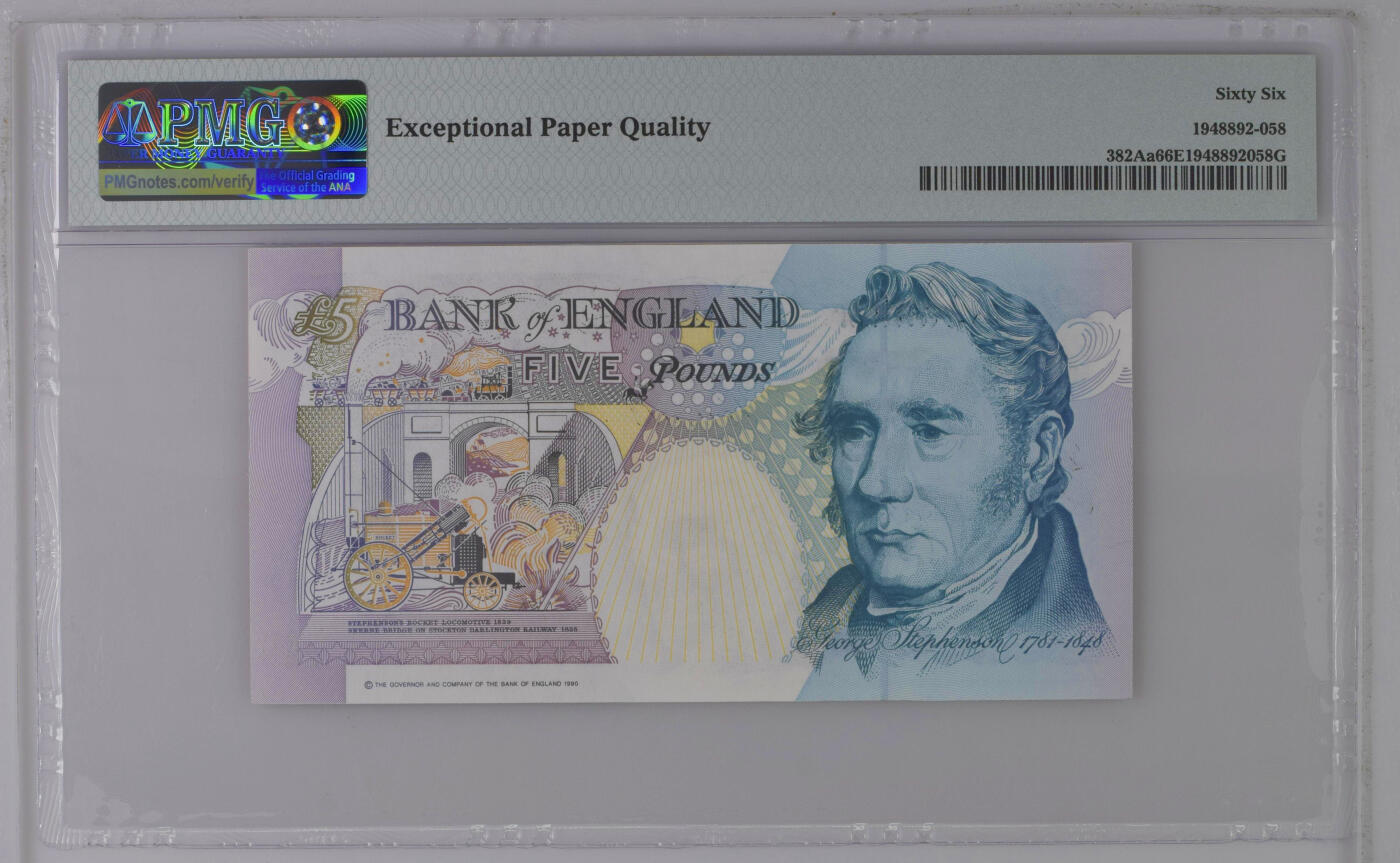 《艾美收藏》第226期-12.28周日外币精品场-蛇年收官 英国E序列初版1990(ND1991-98)年BE01冠5磅PMG66E无4，Kentfield签名 Pick#382Aa