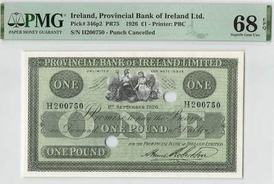 小福收藏拍卖第200期 【庆典场 中拍就有好礼相赠】评级币精选场 本期有捷克斯洛伐克20年100克朗慕夏作品大珍 69分倒置百位号布隆迪世界最大纸币  35年版加拿大经典 苏格兰格拉斯哥大学500年纪念钞倒置小号 卡塔尔80年100里亚尔冠军分 美国教育券 意大利拉斐尔 乌克兰 库克群岛 墨西哥 南斯拉夫 亚美尼亚等多国精美高分珍稀老钞精品纸币 - 爱尔兰 爱尔兰省银行 1926年 1镑 打孔注销 少见 PMG68 EPQ 冠军分！！！