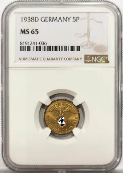 博洋堂世界钱币拍卖第154期（全场包邮） - NGC MS65 德国第三帝国1938年D版5芬尼铜币，仅有1枚更高分