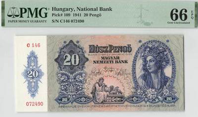 小福收藏拍卖第198期 评级币精选场  本期有菲律宾百位靓号100000比索超大纪念钞 苏里南25000盾花鸟版最高值 柬埔寨珍品56年50瑞尔 南越未发行版最高值打飞机  巴哈马彩背 老挝中国代印57年样钞 匈牙利 斯洛伐克 法罗群岛等多国精美高分珍稀老钞精品纸币 - 匈牙利 1941年 20潘戈 PMG66 EPQ 季军分