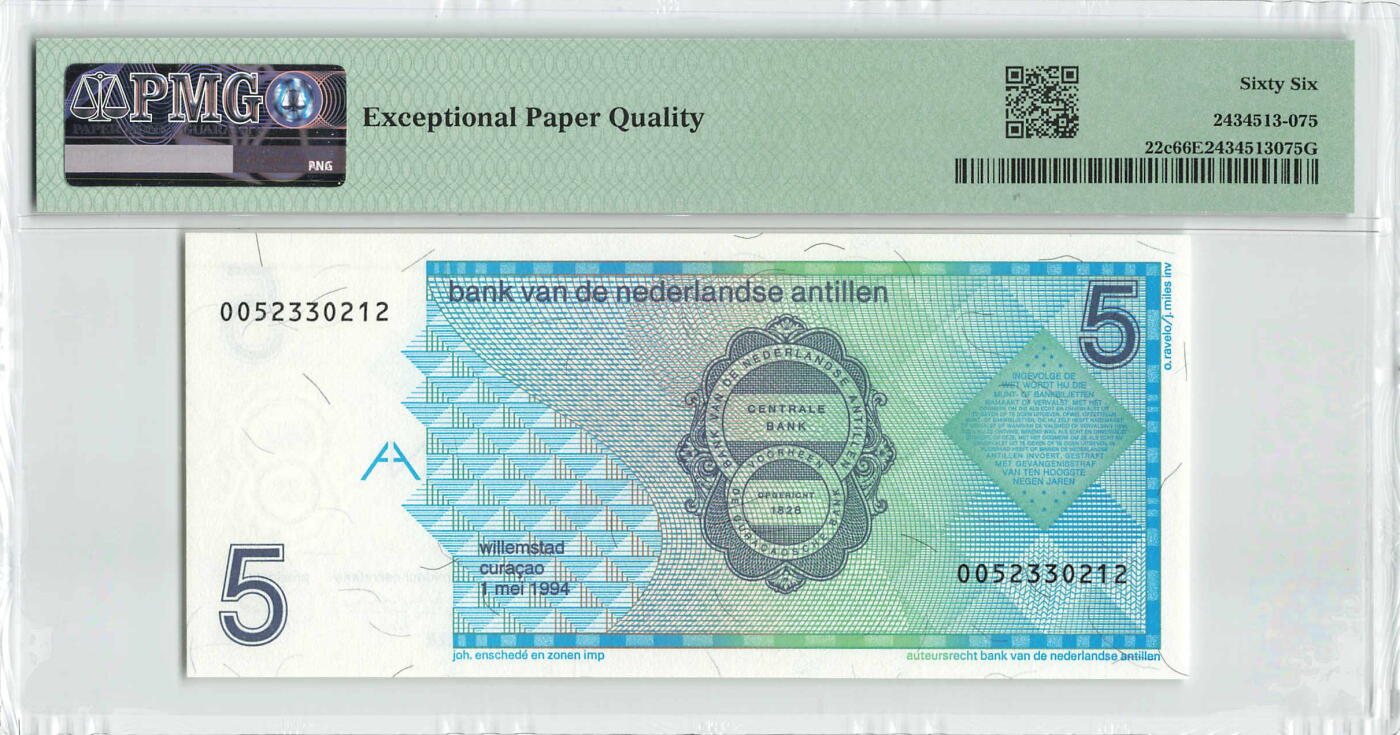 小福收藏拍卖第198期 评级币精选场  本期有菲律宾百位靓号100000比索超大纪念钞 苏里南25000盾花鸟版最高值 柬埔寨珍品56年50瑞尔 南越未发行版最高值打飞机  巴哈马彩背 老挝中国代印57年样钞 匈牙利 斯洛伐克 法罗群岛等多国精美高分珍稀老钞精品纸币 荷属安的列斯 1994年 5盾 长号无47 PMG66 EPQ 季军分