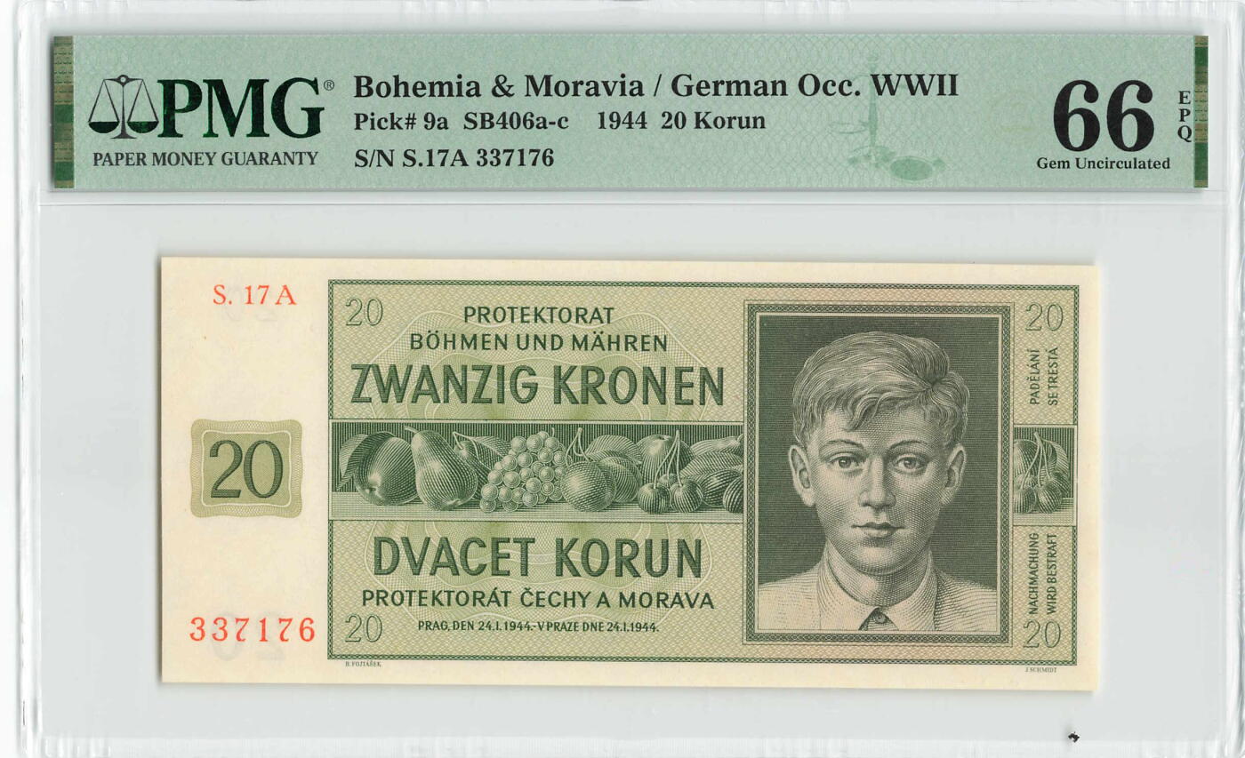 小福收藏拍卖第198期 评级币精选场  本期有菲律宾百位靓号100000比索超大纪念钞 苏里南25000盾花鸟版最高值 柬埔寨珍品56年50瑞尔 南越未发行版最高值打飞机  巴哈马彩背 老挝中国代印57年样钞 匈牙利 斯洛伐克 法罗群岛等多国精美高分珍稀老钞精品纸币 波西米亚和摩拉维亚 1944年 20克朗 PMG66 EPQ 亚军分