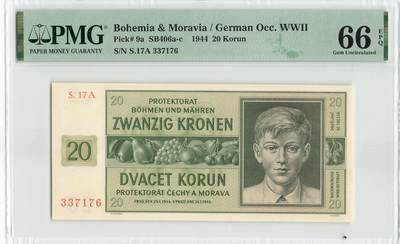 小福收藏拍卖第198期 评级币精选场  本期有菲律宾百位靓号100000比索超大纪念钞 苏里南25000盾花鸟版最高值 柬埔寨珍品56年50瑞尔 南越未发行版最高值打飞机  巴哈马彩背 老挝中国代印57年样钞 匈牙利 斯洛伐克 法罗群岛等多国精美高分珍稀老钞精品纸币 - 波西米亚和摩拉维亚 1944年 20克朗 PMG66 EPQ 亚军分