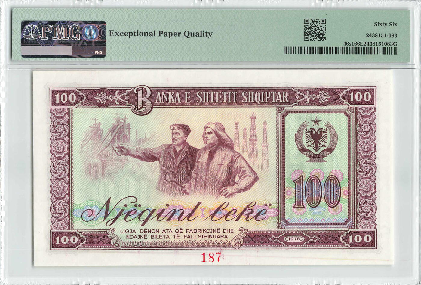 小福收藏拍卖第198期 评级币精选场  本期有菲律宾百位靓号100000比索超大纪念钞 苏里南25000盾花鸟版最高值 柬埔寨珍品56年50瑞尔 南越未发行版最高值打飞机  巴哈马彩背 老挝中国代印57年样钞 匈牙利 斯洛伐克 法罗群岛等多国精美高分珍稀老钞精品纸币 阿尔巴尼亚 1976年 100列克 样钞 PMG66 EPQ 亚军分(冠军分仅1枚）