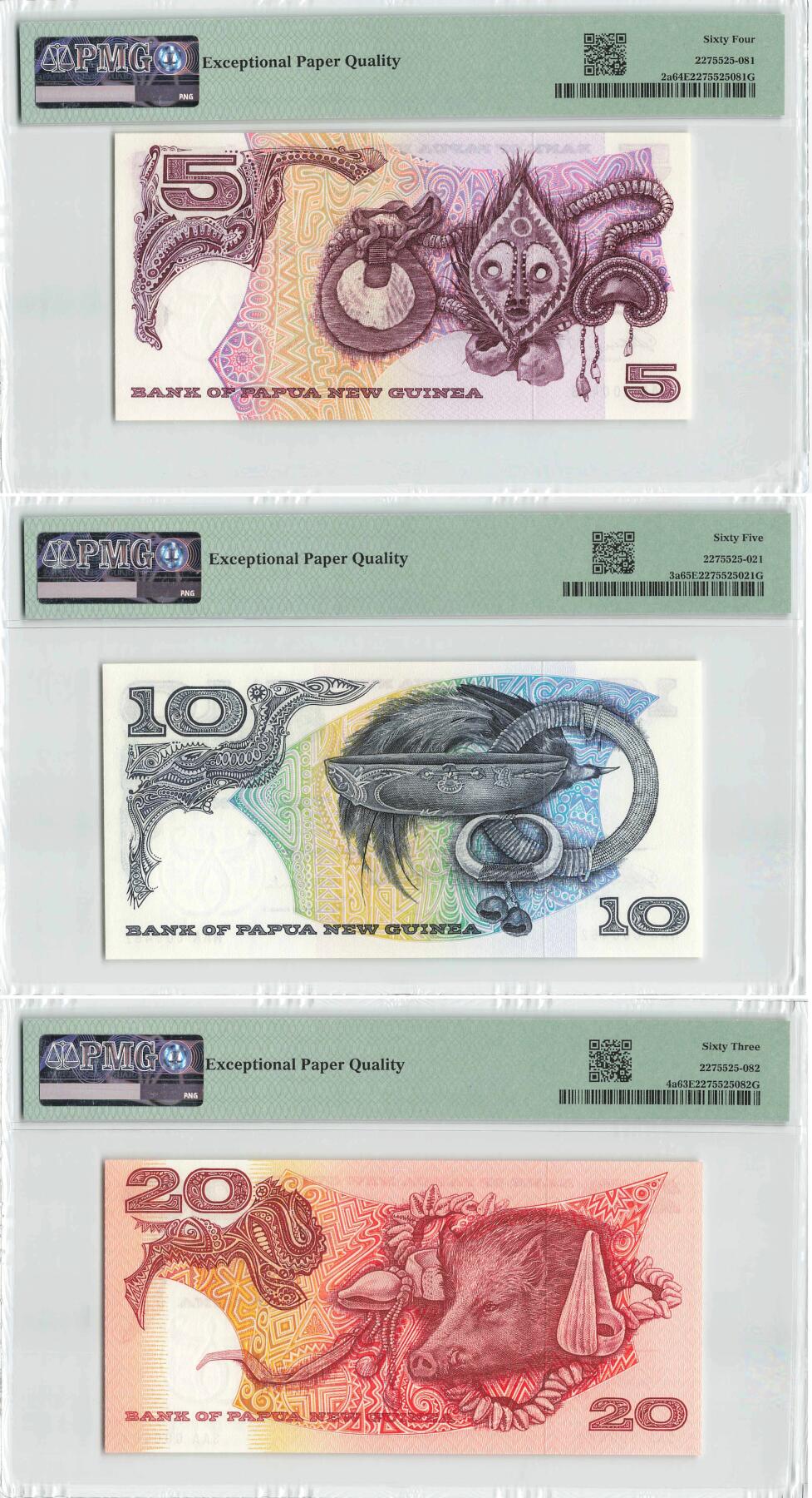 小福收藏拍卖第198期 评级币精选场  本期有菲律宾百位靓号100000比索超大纪念钞 苏里南25000盾花鸟版最高值 柬埔寨珍品56年50瑞尔 南越未发行版最高值打飞机  巴哈马彩背 老挝中国代印57年样钞 匈牙利 斯洛伐克 法罗群岛等多国精美高分珍稀老钞精品纸币 巴布亚新几内亚 1975年 5基纳 PMG64 EPQ+ 10基纳 PMG65 EPQ+ 20基纳 PMG63 EPQ 百位小号 （其中2张全同号） 1组3张 季军分