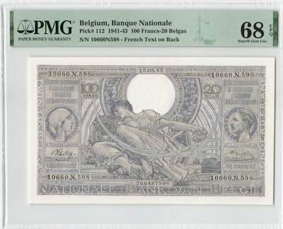 小福收藏拍卖第200期 【庆典场 中拍就有好礼相赠】评级币精选场 本期有捷克斯洛伐克20年100克朗慕夏作品大珍 69分倒置百位号布隆迪世界最大纸币  35年版加拿大经典 苏格兰格拉斯哥大学500年纪念钞倒置小号 卡塔尔80年100里亚尔冠军分 美国教育券 意大利拉斐尔 乌克兰 库克群岛 墨西哥 南斯拉夫 亚美尼亚等多国精美高分珍稀老钞精品纸币 - 比利时 1943年 100法郎 首版 无47 尾8 精美大票 PMG68 EPQ 唯1冠军分！！！