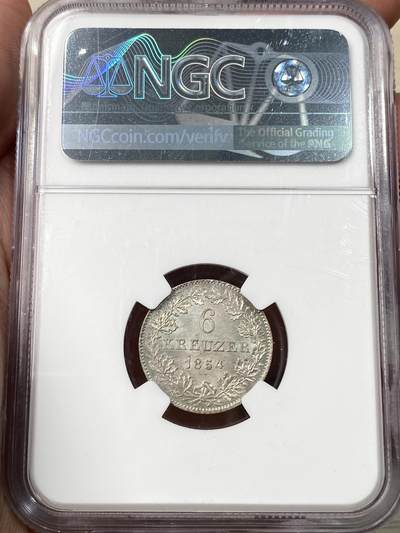 万国钱币拍卖第058期（万国新年大拍） NGC MS63 1854年德国法兰克福6克洛泽城市景观银币 景观主题辅币 十字转光状态炸裂