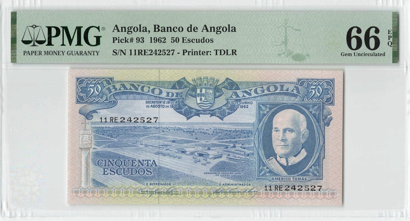 小福收藏拍卖第198期 评级币精选场  本期有菲律宾百位靓号100000比索超大纪念钞 苏里南25000盾花鸟版最高值 柬埔寨珍品56年50瑞尔 南越未发行版最高值打飞机  巴哈马彩背 老挝中国代印57年样钞 匈牙利 斯洛伐克 法罗群岛等多国精美高分珍稀老钞精品纸币 安哥拉 1962年 50埃斯库多 PMG66 EPQ 亚军分