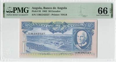 小福收藏拍卖第198期 评级币精选场  本期有菲律宾百位靓号100000比索超大纪念钞 苏里南25000盾花鸟版最高值 柬埔寨珍品56年50瑞尔 南越未发行版最高值打飞机  巴哈马彩背 老挝中国代印57年样钞 匈牙利 斯洛伐克 法罗群岛等多国精美高分珍稀老钞精品纸币 - 安哥拉 1962年 50埃斯库多 PMG66 EPQ 亚军分