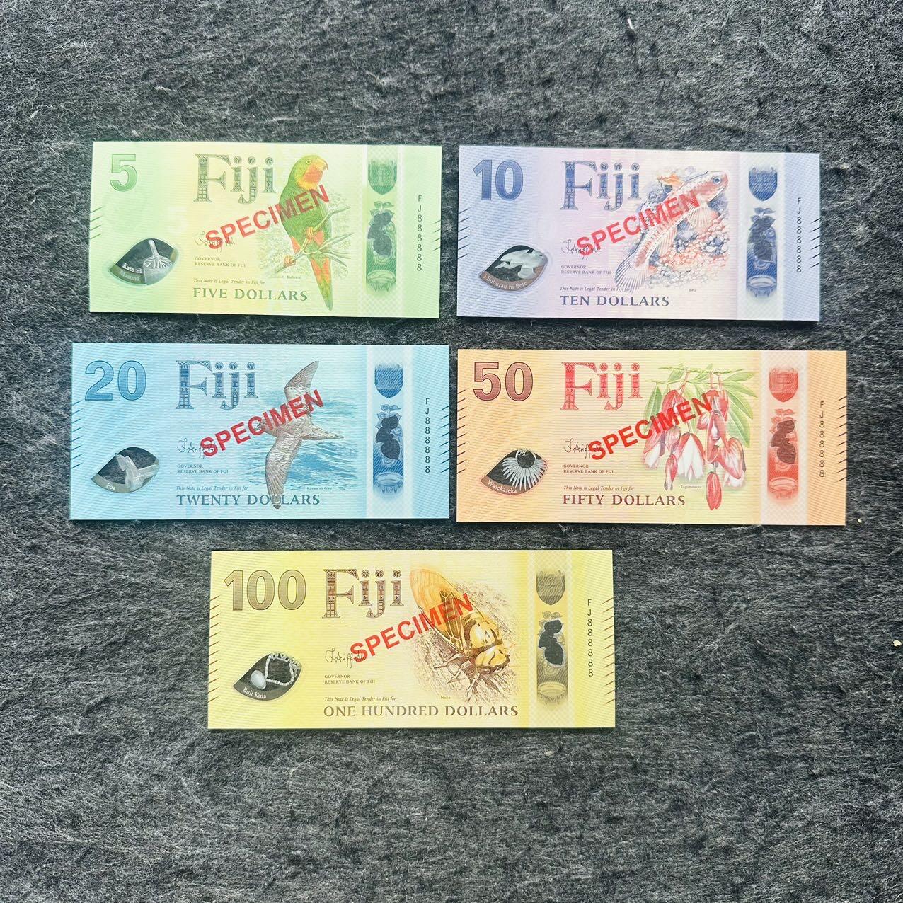 🇫🇯🇫🇰2530￥￥福克兰群岛2025年和斐济2026年全套Polymer塑料钞 斐济2026年5-10-20-50-100元塑料钞，样票，FJ冠+全同8