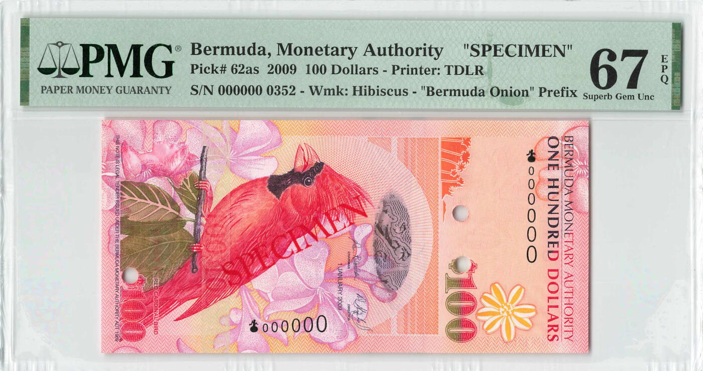 小福收藏拍卖第200期 【庆典场 中拍就有好礼相赠】评级币精选场 本期有捷克斯洛伐克20年100克朗慕夏作品大珍 69分倒置百位号布隆迪世界最大纸币  35年版加拿大经典 苏格兰格拉斯哥大学500年纪念钞倒置小号 卡塔尔80年100里亚尔冠军分 美国教育券 意大利拉斐尔 乌克兰 库克群岛 墨西哥 南斯拉夫 亚美尼亚等多国精美高分珍稀老钞精品纸币 百慕大 2009年 100元 样钞 洋葱首冠  352号 PMG67 EPQ 亚军分（冠军分仅2枚）