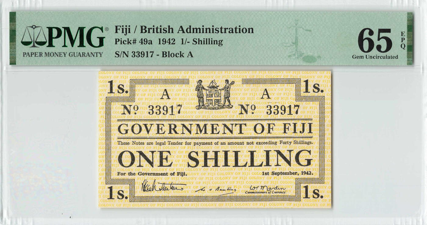 小福收藏拍卖第198期 评级币精选场  本期有菲律宾百位靓号100000比索超大纪念钞 苏里南25000盾花鸟版最高值 柬埔寨珍品56年50瑞尔 南越未发行版最高值打飞机  巴哈马彩背 老挝中国代印57年样钞 匈牙利 斯洛伐克 法罗群岛等多国精美高分珍稀老钞精品纸币 斐济 英国当局 1942年 1先令 罕见品种 PMG65 EPQ 唯2亚军分