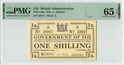 小福收藏拍卖第198期 评级币精选场  本期有菲律宾百位靓号100000比索超大纪念钞 苏里南25000盾花鸟版最高值 柬埔寨珍品56年50瑞尔 南越未发行版最高值打飞机  巴哈马彩背 老挝中国代印57年样钞 匈牙利 斯洛伐克 法罗群岛等多国精美高分珍稀老钞精品纸币 - 斐济 英国当局 1942年 1先令 罕见品种 PMG65 EPQ 唯2亚军分