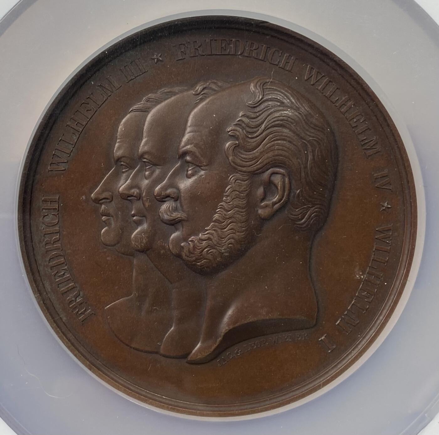 万国钱币拍卖第058期（万国新年大拍） NGC MS62 1865年德国老三皇（普鲁士威廉三世、四世，帝国威廉一世）纪念亚琛市政厅建成大铜章 高浮雕大规格原铜色巨型 70MM 126G