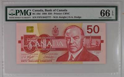 《艾美收藏》第226期-12.28周日外币精品场-蛇年收官 - 加拿大1988年50元次高值PMG66E 经典鸟版 BC-59d
