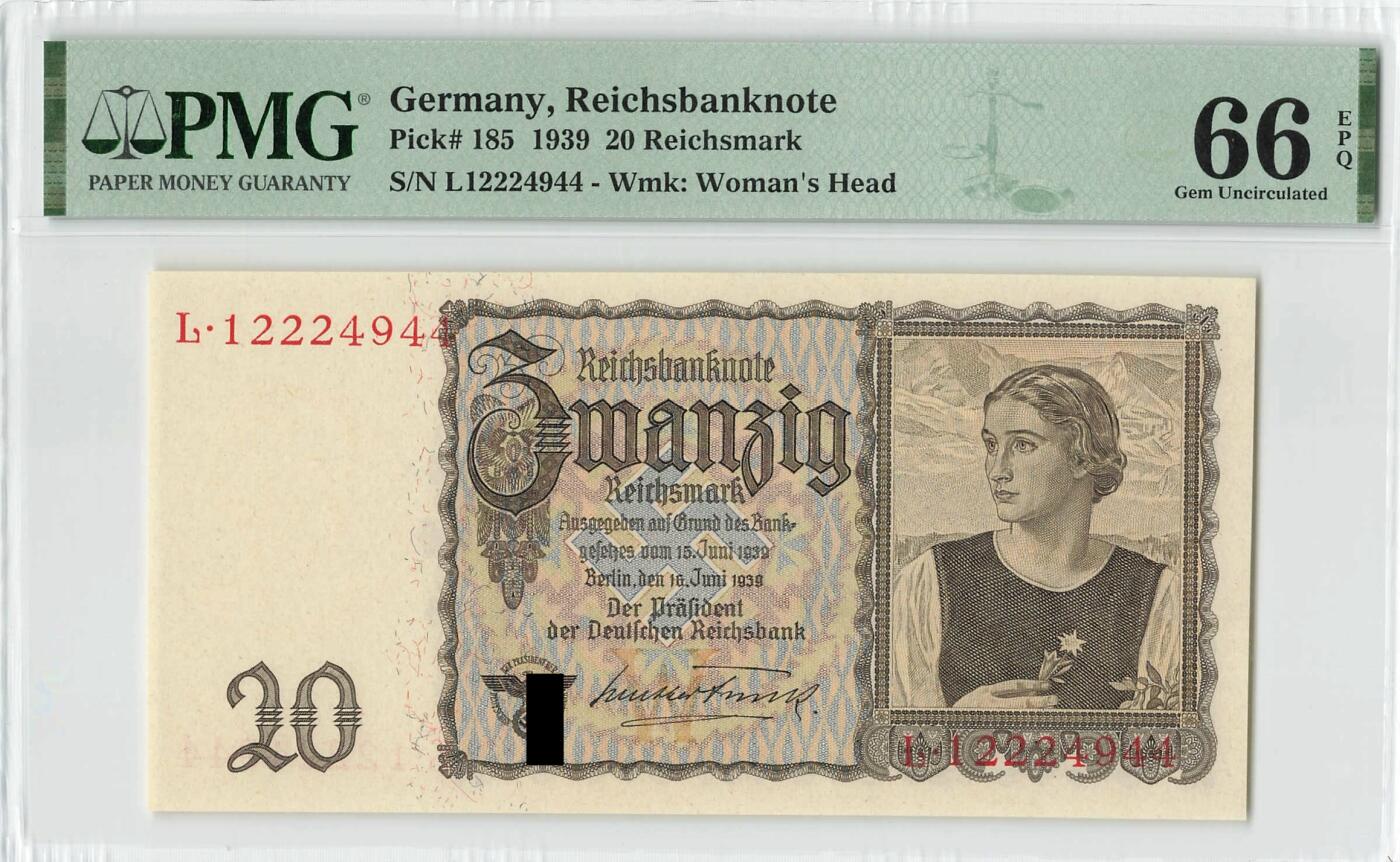 小福收藏拍卖第200期 【庆典场 中拍就有好礼相赠】评级币精选场 本期有捷克斯洛伐克20年100克朗慕夏作品大珍 69分倒置百位号布隆迪世界最大纸币  35年版加拿大经典 苏格兰格拉斯哥大学500年纪念钞倒置小号 卡塔尔80年100里亚尔冠军分 美国教育券 意大利拉斐尔 乌克兰 库克群岛 墨西哥 南斯拉夫 亚美尼亚等多国精美高分珍稀老钞精品纸币 德国 1939年 20马克 双尾 PMG66 EPQ 季军分