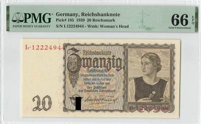 小福收藏拍卖第200期 【庆典场 中拍就有好礼相赠】评级币精选场 本期有捷克斯洛伐克20年100克朗慕夏作品大珍 69分倒置百位号布隆迪世界最大纸币  35年版加拿大经典 苏格兰格拉斯哥大学500年纪念钞倒置小号 卡塔尔80年100里亚尔冠军分 美国教育券 意大利拉斐尔 乌克兰 库克群岛 墨西哥 南斯拉夫 亚美尼亚等多国精美高分珍稀老钞精品纸币 - 德国 1939年 20马克 双尾 PMG66 EPQ 季军分