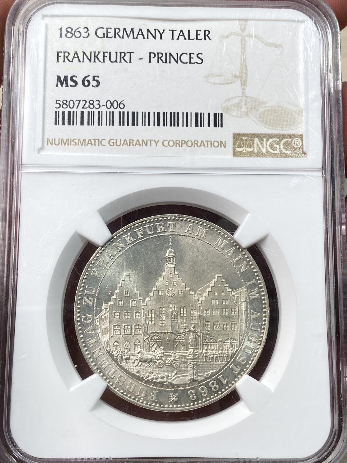 万国钱币拍卖第058期（万国新年大拍） NGC MS65 1863年德国法兰克福王子会议泰勒 银光寒霜质感纵享丝滑 非常难得的BU典藏级品质
