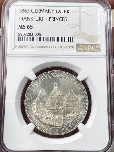 万国钱币拍卖第058期（万国新年大拍） - NGC MS65 1863年德国法兰克福王子会议泰勒 银光寒霜质感纵享丝滑 非常难得的BU典藏级品质