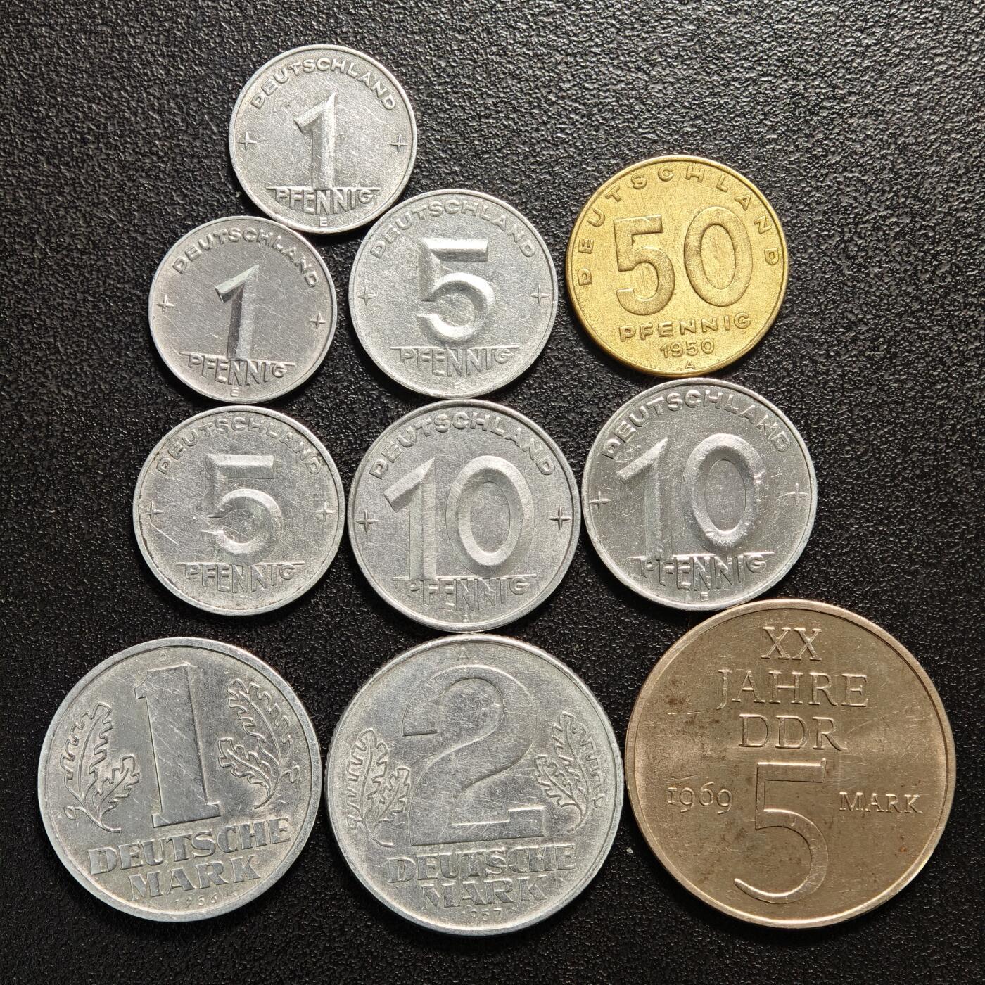 【德藏】世界币章拍卖第159期(元旦专场拍卖) 10枚一组 1950-69年 东德芬尼及马克铝币、铜币 好品相