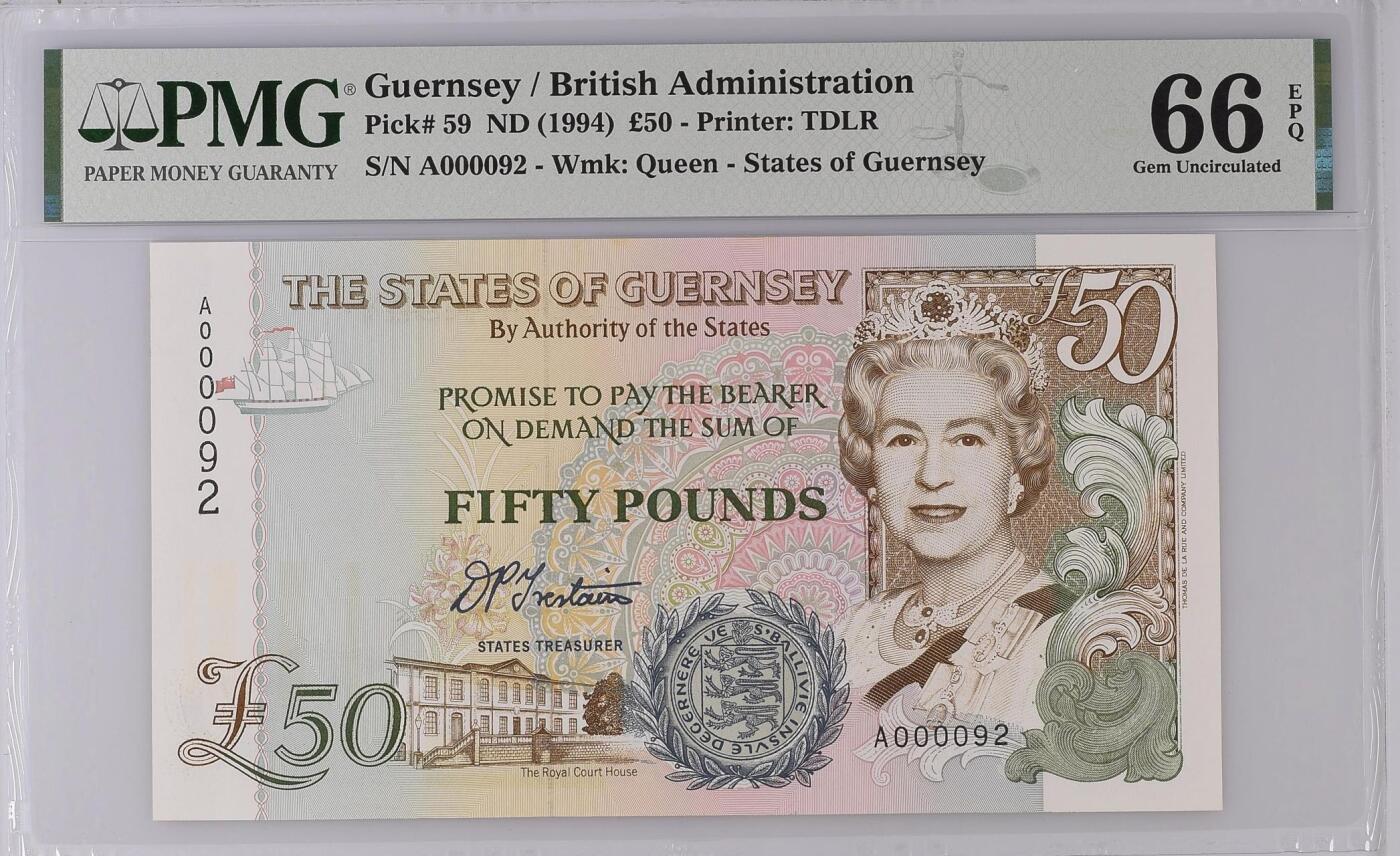 🐍甜小邱世界纸币收藏🐍第138期精品场💐 首发冠A000092十位号小号+无347 PMG66 根西岛 50镑 伊丽莎白女王 最高值 1994