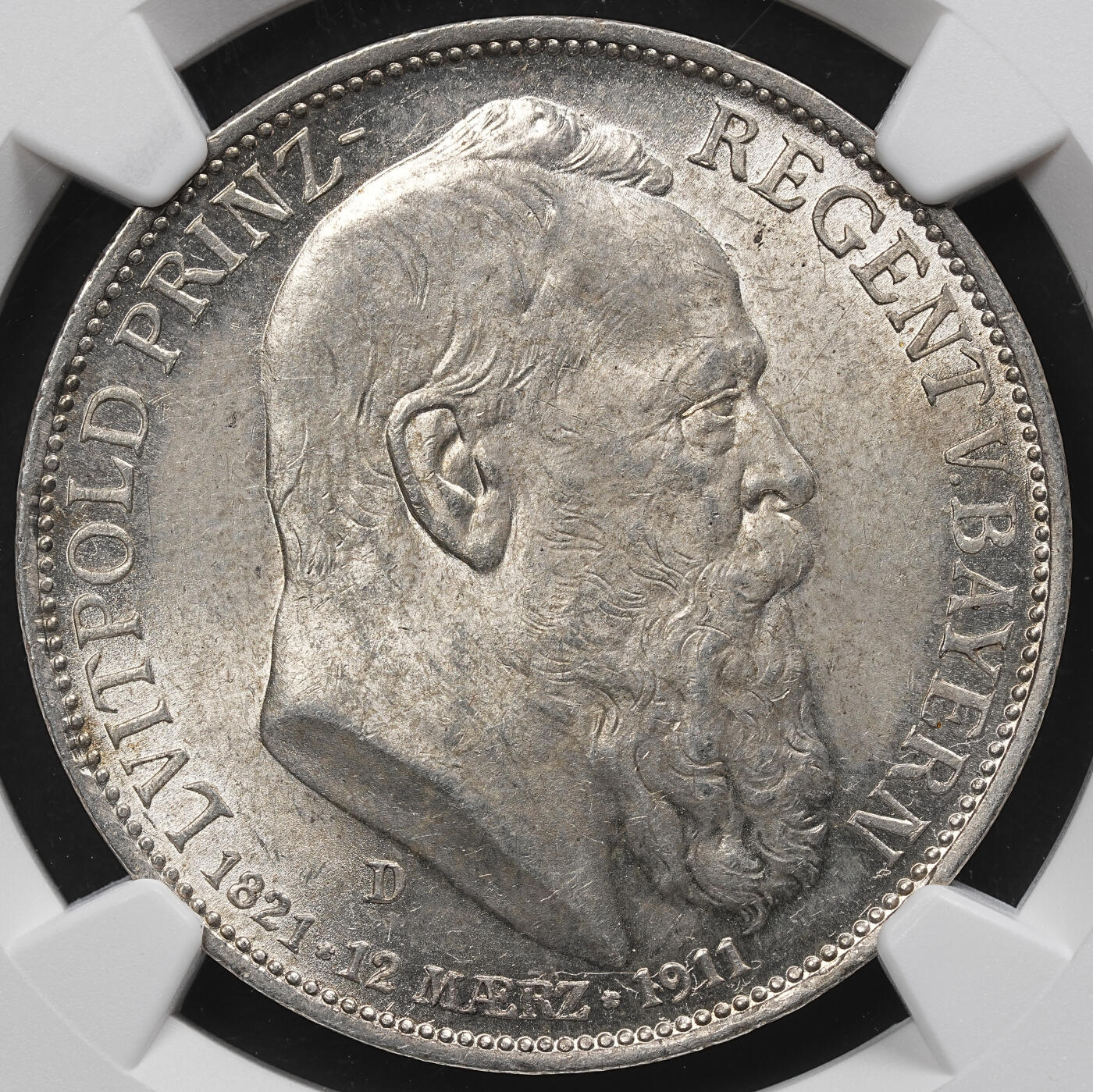 修遠堂世界钱币第九十九期 NGC MS63 1911年巴伐利亚摄政王90大寿纪念3马克银币