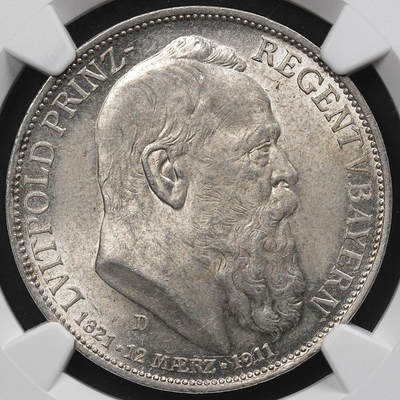 修遠堂世界钱币第九十九期 - NGC MS63 1911年巴伐利亚摄政王90大寿纪念3马克银币