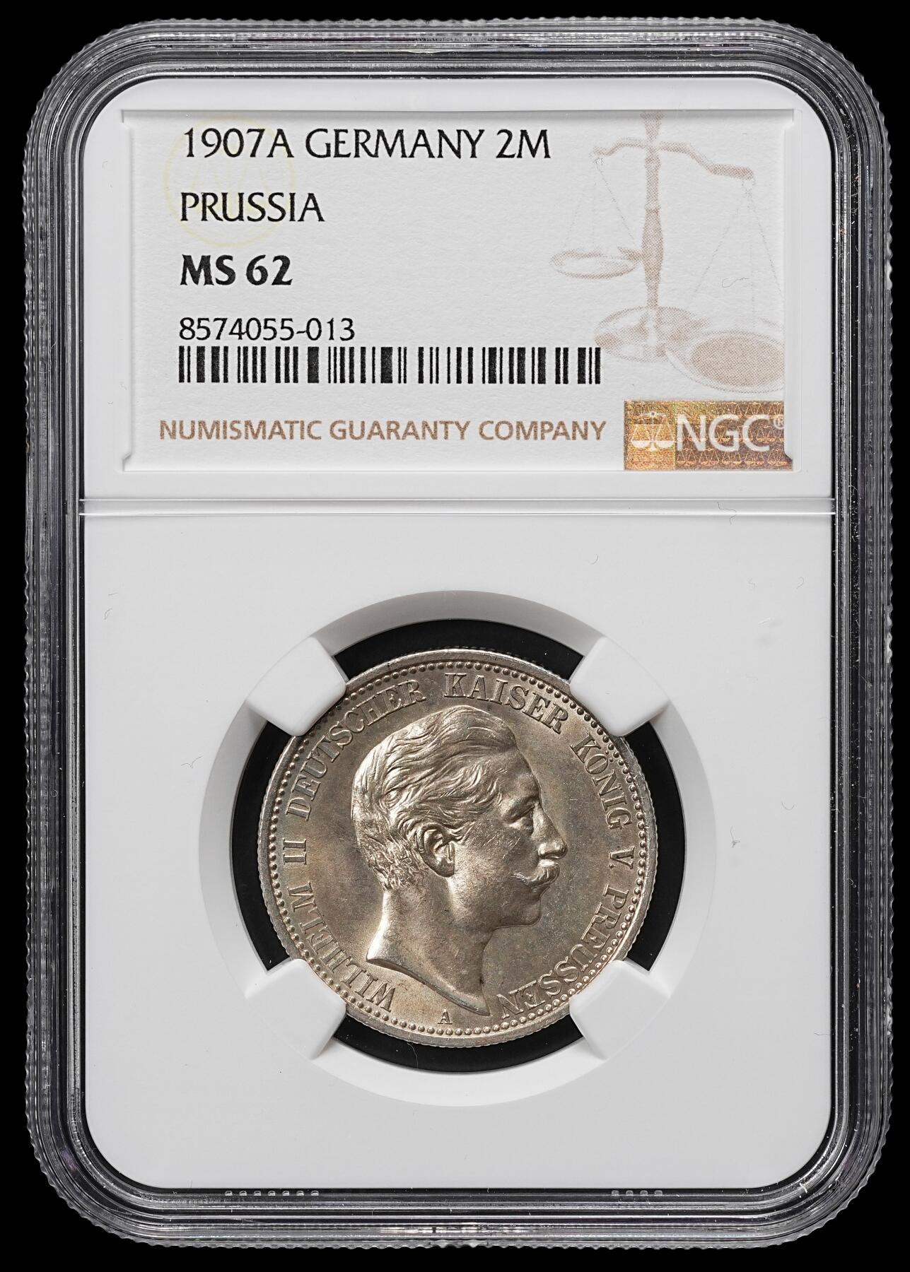 修遠堂世界钱币第九十九期 NGC MS62 1907年普鲁士2马克银币 流通版2马克好品相当少见