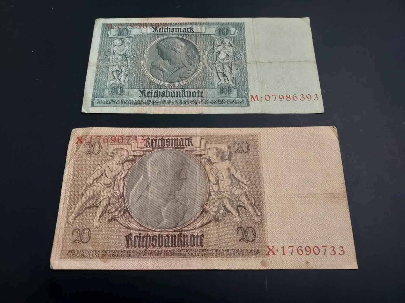 博彦收藏   1月3日 8点钱币专场 全场包邮 1929 德国旧版  10/20 马克 2张 流通品