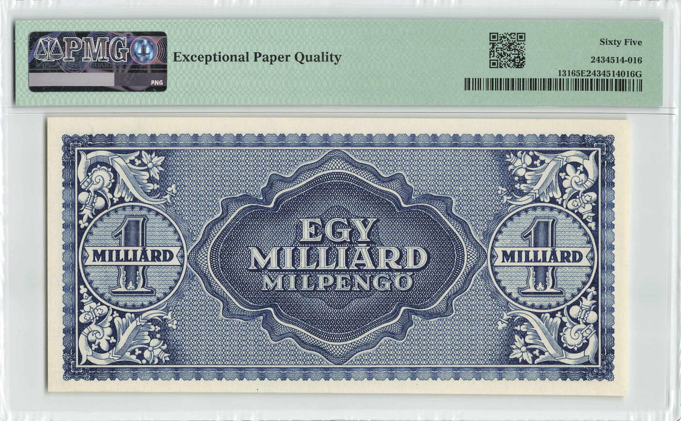 小福收藏拍卖第198期 评级币精选场  本期有菲律宾百位靓号100000比索超大纪念钞 苏里南25000盾花鸟版最高值 柬埔寨珍品56年50瑞尔 南越未发行版最高值打飞机  巴哈马彩背 老挝中国代印57年样钞 匈牙利 斯洛伐克 法罗群岛等多国精美高分珍稀老钞精品纸币 匈牙利 1946年 1.000.000.000.000.000潘戈 PMG65 EPQ 季军分