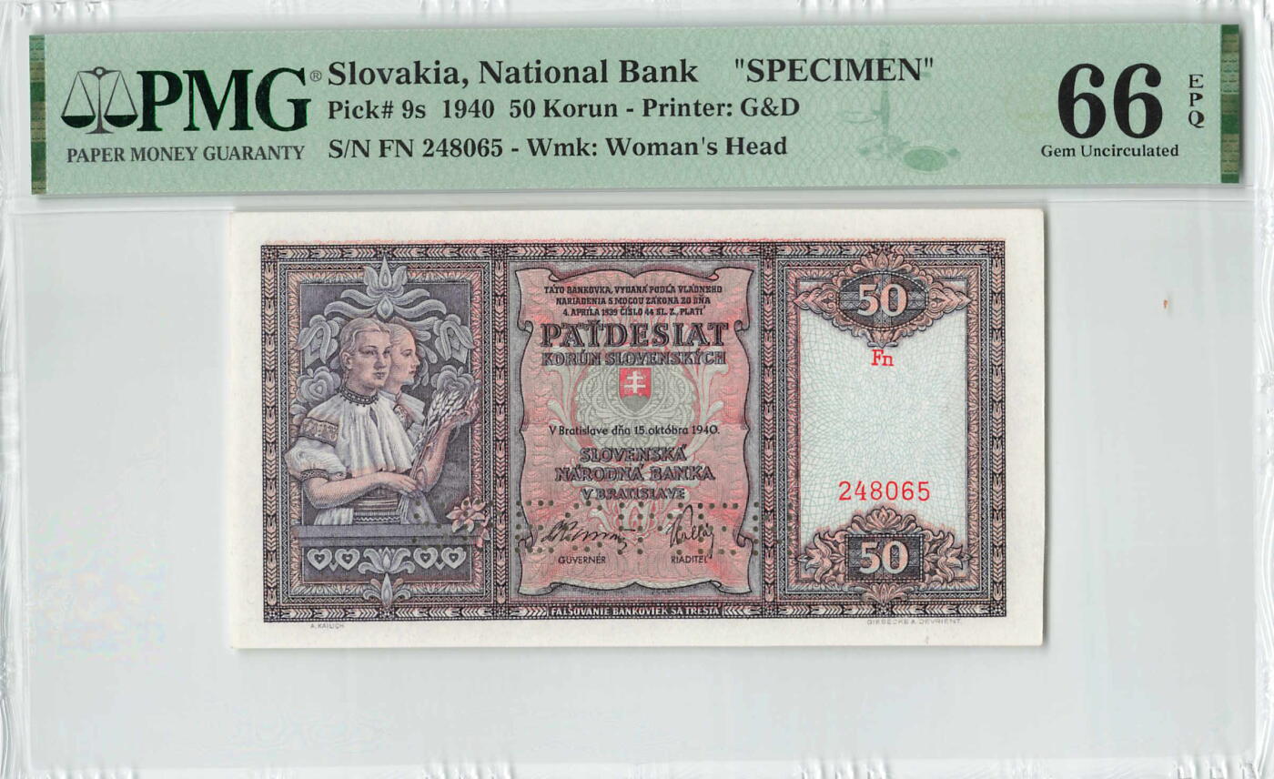 小福收藏拍卖第198期 评级币精选场  本期有菲律宾百位靓号100000比索超大纪念钞 苏里南25000盾花鸟版最高值 柬埔寨珍品56年50瑞尔 南越未发行版最高值打飞机  巴哈马彩背 老挝中国代印57年样钞 匈牙利 斯洛伐克 法罗群岛等多国精美高分珍稀老钞精品纸币 斯洛伐克 1940年 50克朗 样钞 少见 PMG66 EPQ 季军分（冠亚军分各1枚）