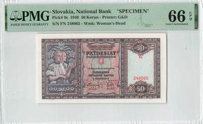 小福收藏拍卖第198期 评级币精选场  本期有菲律宾百位靓号100000比索超大纪念钞 苏里南25000盾花鸟版最高值 柬埔寨珍品56年50瑞尔 南越未发行版最高值打飞机  巴哈马彩背 老挝中国代印57年样钞 匈牙利 斯洛伐克 法罗群岛等多国精美高分珍稀老钞精品纸币 - 斯洛伐克 1940年 50克朗 样钞 少见 PMG66 EPQ 季军分（冠亚军分各1枚）