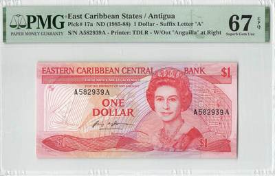 小福收藏拍卖第200期 【庆典场 中拍就有好礼相赠】评级币精选场 本期有捷克斯洛伐克20年100克朗慕夏作品大珍 69分倒置百位号布隆迪世界最大纸币  35年版加拿大经典 苏格兰格拉斯哥大学500年纪念钞倒置小号 卡塔尔80年100里亚尔冠军分 美国教育券 意大利拉斐尔 乌克兰 库克群岛 墨西哥 南斯拉夫 亚美尼亚等多国精美高分珍稀老钞精品纸币 - 东加勒比(A）安提瓜 1985-1988年 1元 A- A冠 无47 PMG67 EPQ 亚军分