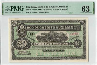 小福收藏拍卖第200期 【庆典场 中拍就有好礼相赠】评级币精选场 本期有捷克斯洛伐克20年100克朗慕夏作品大珍 69分倒置百位号布隆迪世界最大纸币  35年版加拿大经典 苏格兰格拉斯哥大学500年纪念钞倒置小号 卡塔尔80年100里亚尔冠军分 美国教育券 意大利拉斐尔 乌克兰 库克群岛 墨西哥 南斯拉夫 亚美尼亚等多国精美高分珍稀老钞精品纸币 - 乌拉圭 1887年 20比索 少见 库存票 11022靓号 PMG63