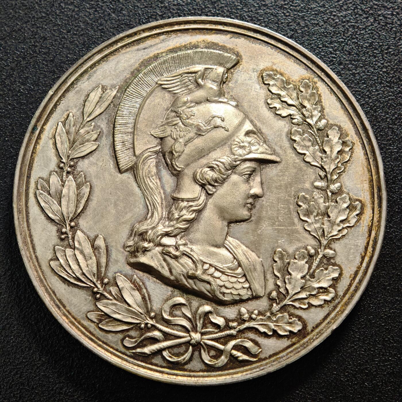 【德藏】世界币章拍卖第159期(元旦专场拍卖) 1884年 德国特普利茨厄尔士山脉首届电气与家庭工业博览会纪念镀银大铜章 图案立体 浮雕感强 直径约：60.5mm；重约：78.3g