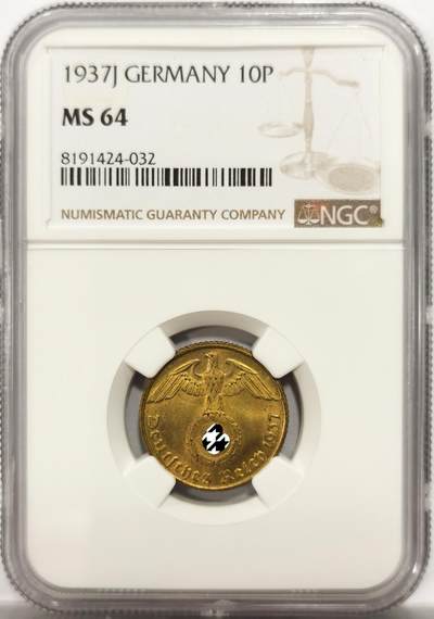 博洋堂世界钱币拍卖第154期（全场包邮） - NGC MS64 德国第三帝国1937年J版10芬尼铜币，仅有2枚更高分