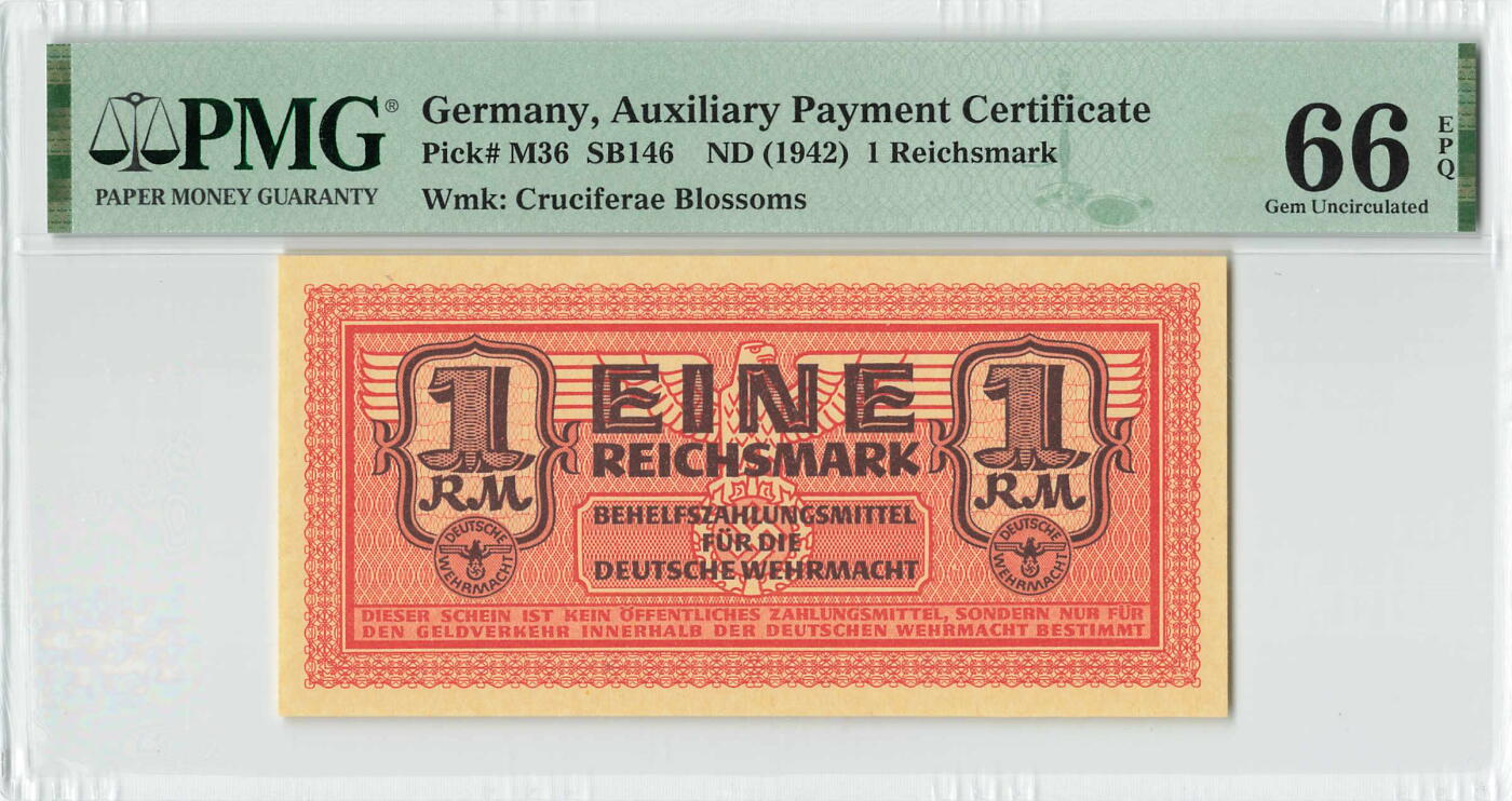 小福收藏拍卖第200期 【庆典场 中拍就有好礼相赠】评级币精选场 本期有捷克斯洛伐克20年100克朗慕夏作品大珍 69分倒置百位号布隆迪世界最大纸币  35年版加拿大经典 苏格兰格拉斯哥大学500年纪念钞倒置小号 卡塔尔80年100里亚尔冠军分 美国教育券 意大利拉斐尔 乌克兰 库克群岛 墨西哥 南斯拉夫 亚美尼亚等多国精美高分珍稀老钞精品纸币 德国 1942年 1马克 军票 PMG66 EPQ 季军分