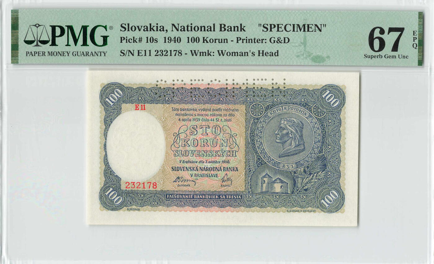 小福收藏拍卖第198期 评级币精选场  本期有菲律宾百位靓号100000比索超大纪念钞 苏里南25000盾花鸟版最高值 柬埔寨珍品56年50瑞尔 南越未发行版最高值打飞机  巴哈马彩背 老挝中国代印57年样钞 匈牙利 斯洛伐克 法罗群岛等多国精美高分珍稀老钞精品纸币 斯洛伐克 1940年 100克朗 样钞 尾8 PMG67 EPQ 亚军分（冠军分仅1枚）