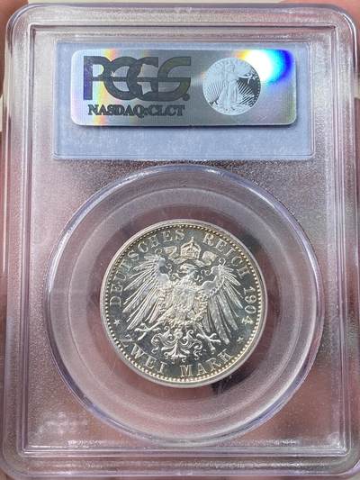 万国钱币拍卖第058期（万国新年大拍） PCGS PR65 1904年德国黑森-达姆斯塔特诞辰纪念精制2马克  原味BU银霜喷砂质感 PCGS老盒典藏级