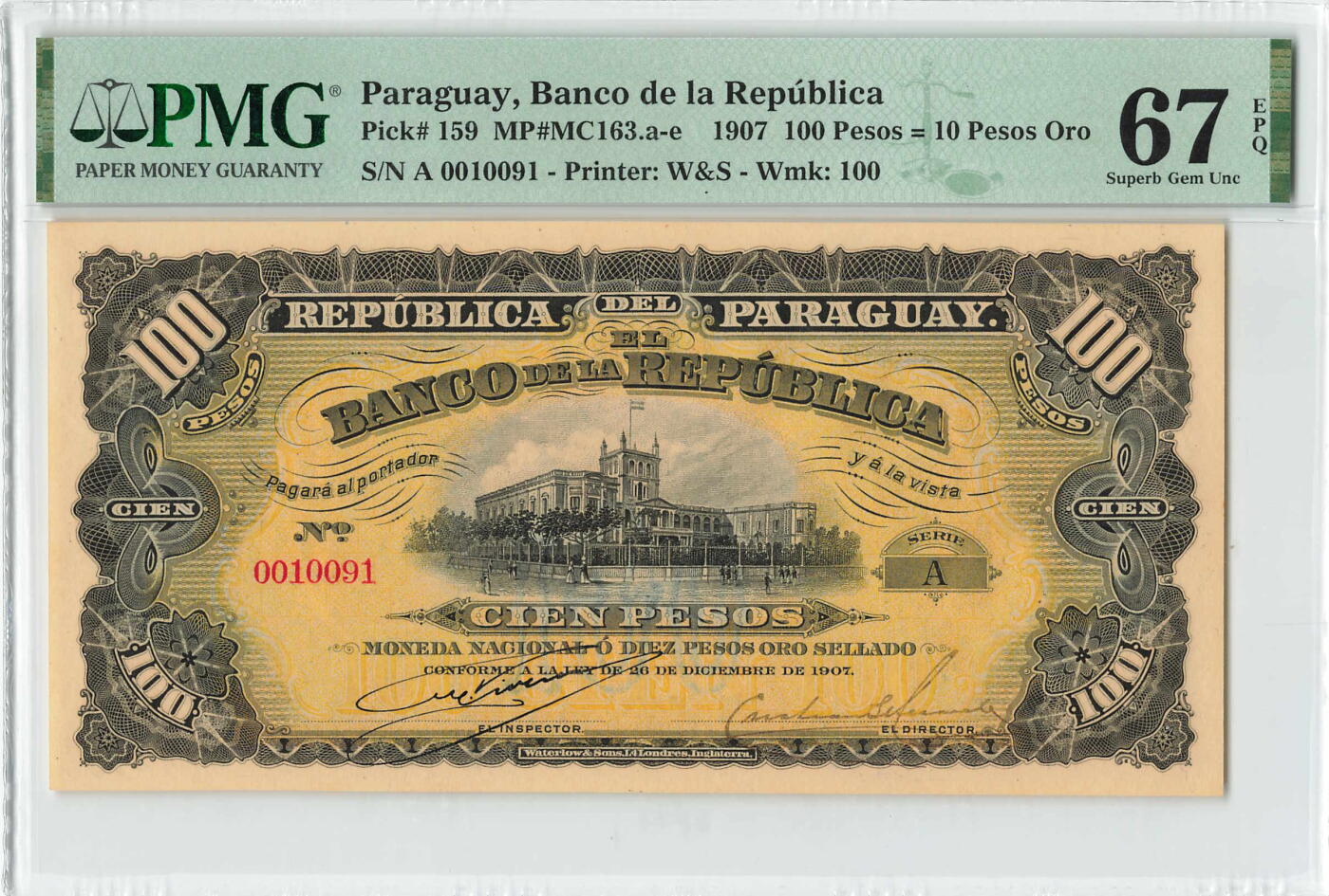 小福收藏拍卖第198期 评级币精选场  本期有菲律宾百位靓号100000比索超大纪念钞 苏里南25000盾花鸟版最高值 柬埔寨珍品56年50瑞尔 南越未发行版最高值打飞机  巴哈马彩背 老挝中国代印57年样钞 匈牙利 斯洛伐克 法罗群岛等多国精美高分珍稀老钞精品纸币 巴拉圭 1907年 100比索 A冠 大票幅 A冠 数3 倒置号0010091 PMG67 EPQ 冠军分！！！