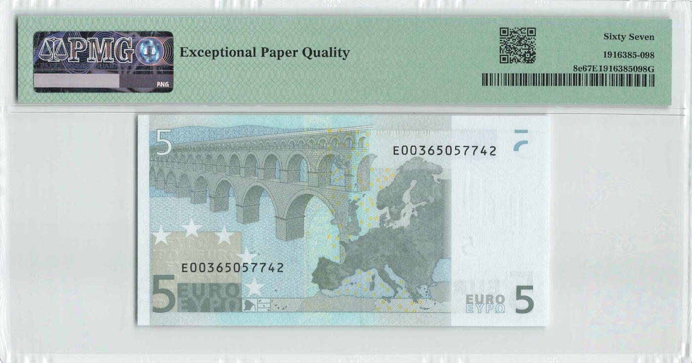 小福收藏拍卖第198期 评级币精选场  本期有菲律宾百位靓号100000比索超大纪念钞 苏里南25000盾花鸟版最高值 柬埔寨珍品56年50瑞尔 南越未发行版最高值打飞机  巴哈马彩背 老挝中国代印57年样钞 匈牙利 斯洛伐克 法罗群岛等多国精美高分珍稀老钞精品纸币 斯洛伐克 2002年 5欧元 二签 PMG67 EPQ 季军分